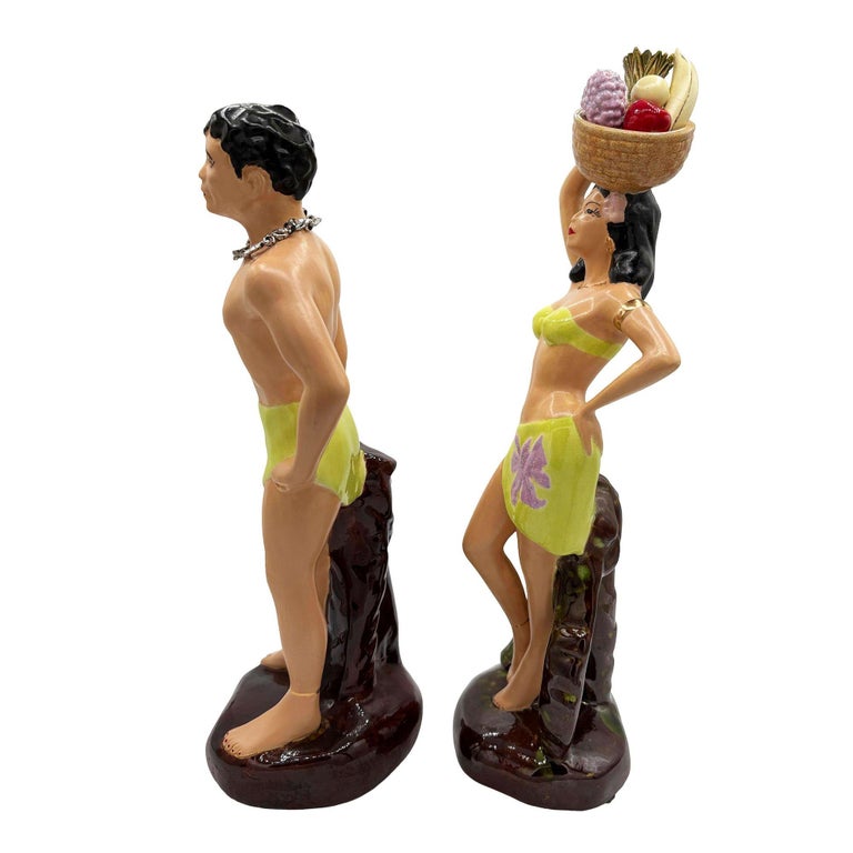 Mid-Century Hand Painted Hawaiian Hula Girl & Male Surfer Ceramic Statue Set