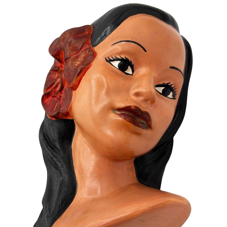 1968 California Art Pottery Hawaiian Polynesian Hula Girl Bust Statue, Signed