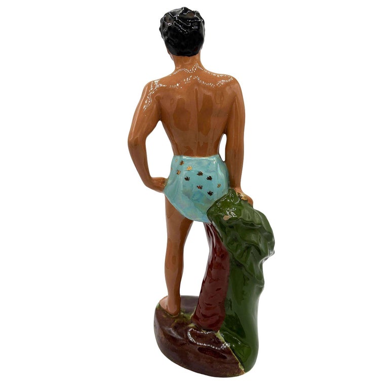Mid-Century Hawaiian Man in Blue Trucks w/ Gold Machete Ceramic Sculpture 14"