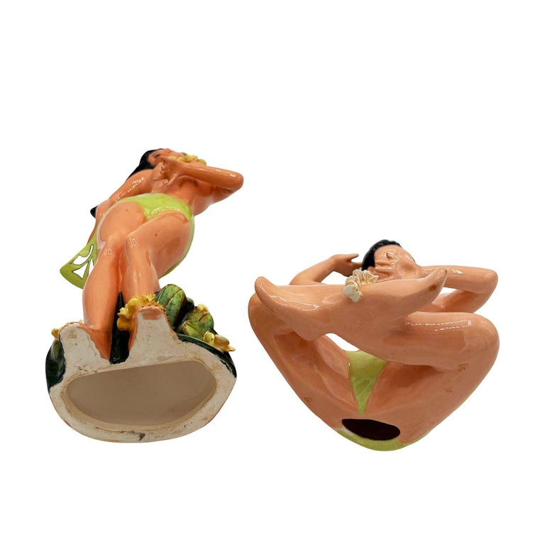 Mid-Century Hawaiian Hand Painted Hula Girl & Surfer Male Ceramic Statue, Pair