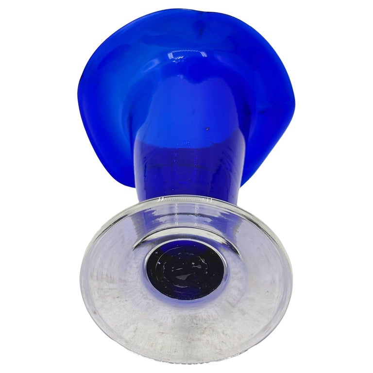 9” Tall Dark Cobalt Blue Art Glass Hand-blown Vase w/ Ruffle Top