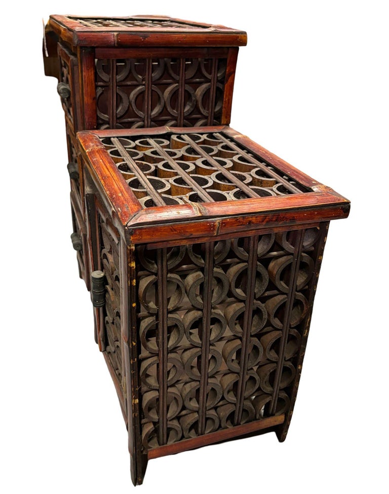 Late Qing Dynasty Split Bamboo & Lattice Top Chippendale Cabinet w/ 3 Drawers