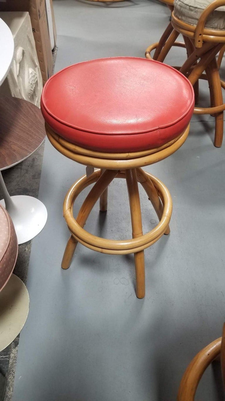 Restored Rattan Spiral Leg Strand Pair of Two Single Stand Red Bar Stools