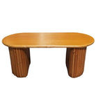 Restored Mahogany Coffee Table w/ Vertical Stacked Rattan Half Moon Pedestal Leg