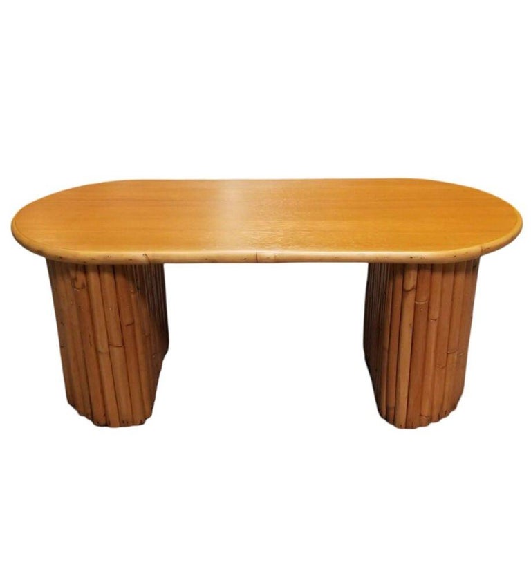 Restored Mahogany Coffee Table w/ Vertical Stacked Rattan Half Moon Pedestal Leg