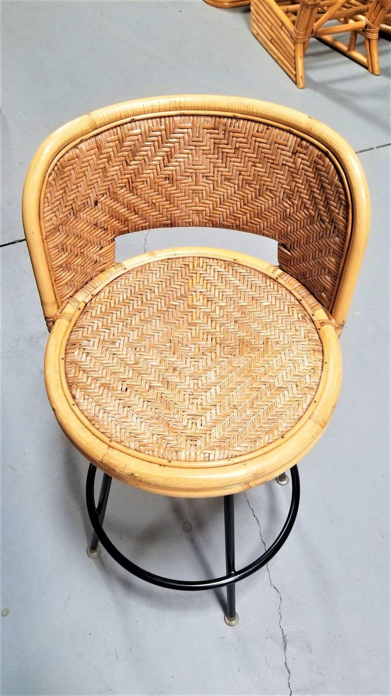 Restored Rattan & Wicker Swivel Bar Stool w/ Iron Base, Seng of Chicago