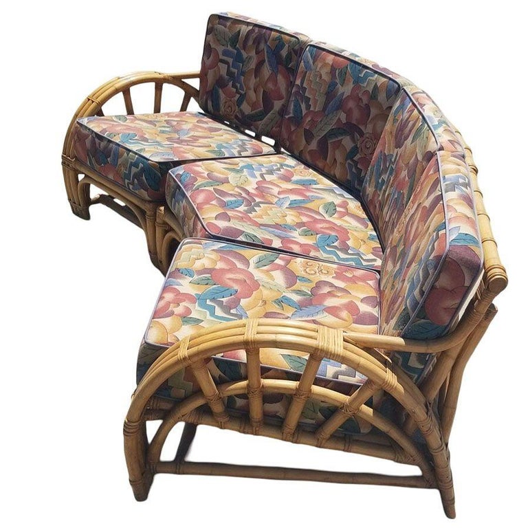 Restored Mid-century 3 Strand Rattan Spoke Half Moon Arm Corner Sectional Sofa