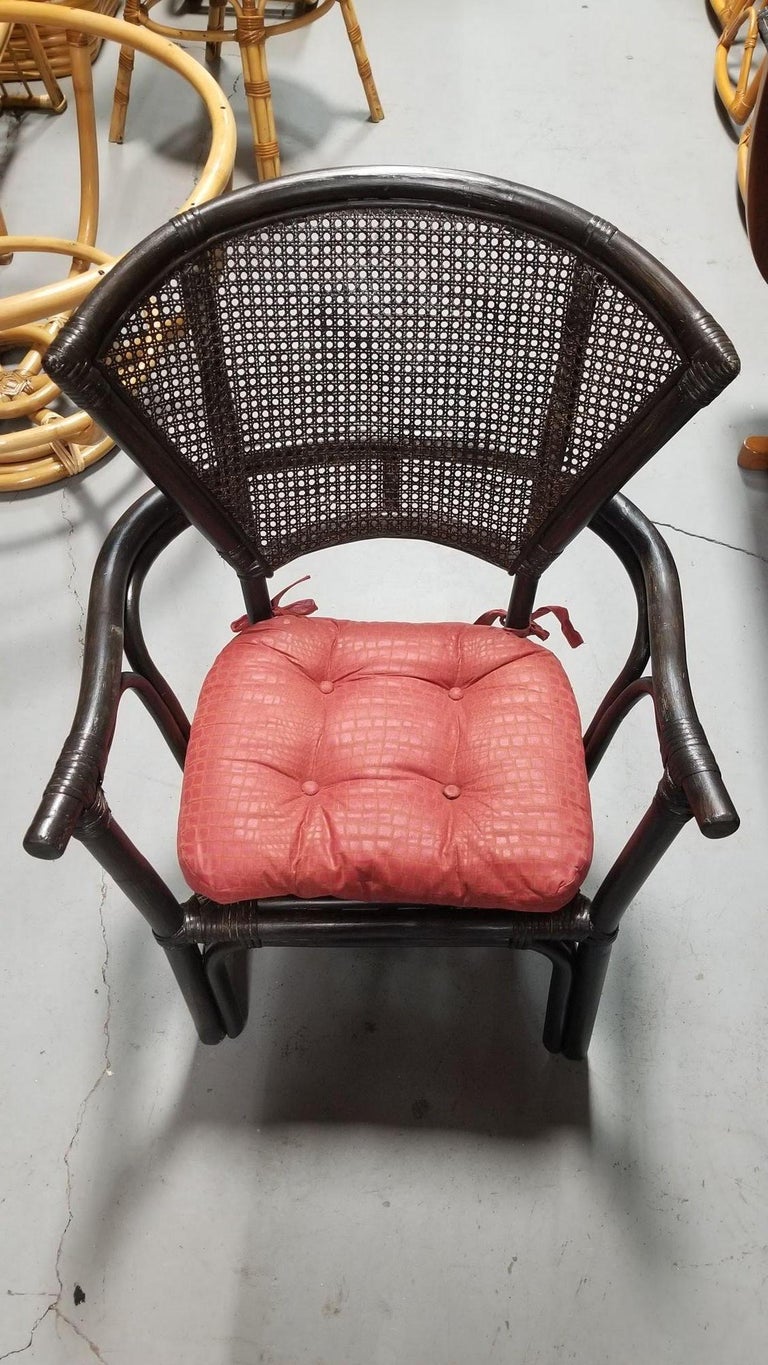 Restored Dark Wood Rattan Cane Fan Back Armchair