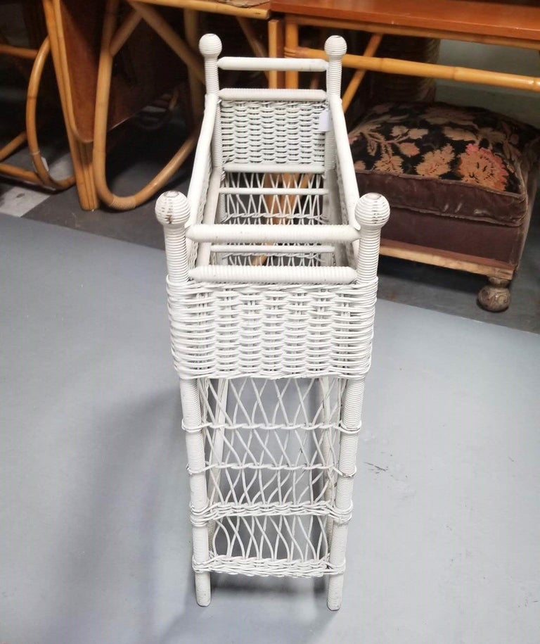 Restored White Rattan Wicker Plant Stand