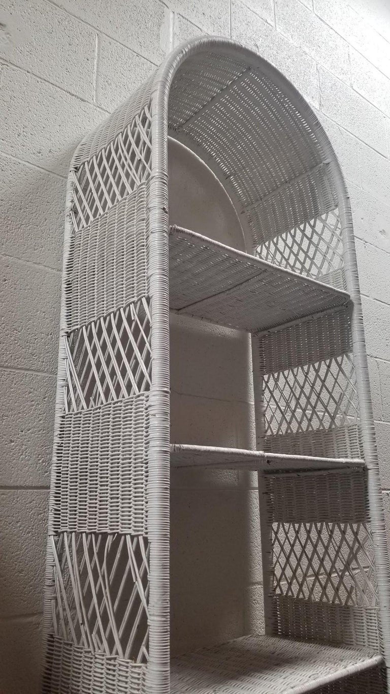 Restored White Rattan Wicker Arched Bookcase