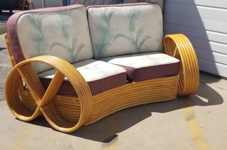 Restored Rattan 6 Strand Full Pretzel Curved Settee, in the style of Paul Frankl