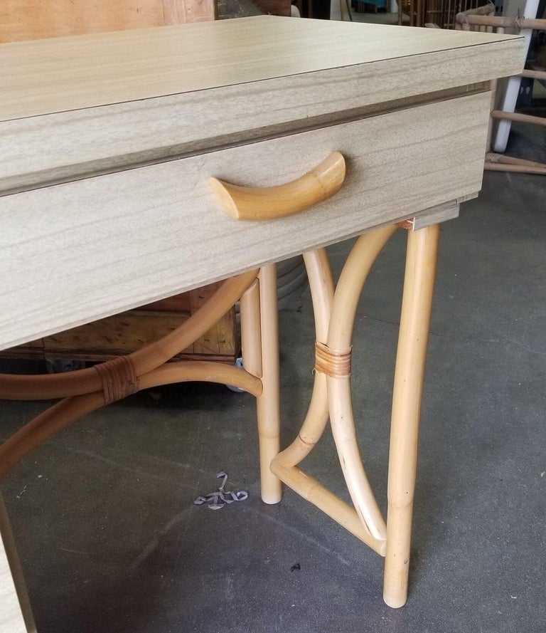 Restored Rattan and Formica Desk with Drawers and Hourglass Rattan Sides