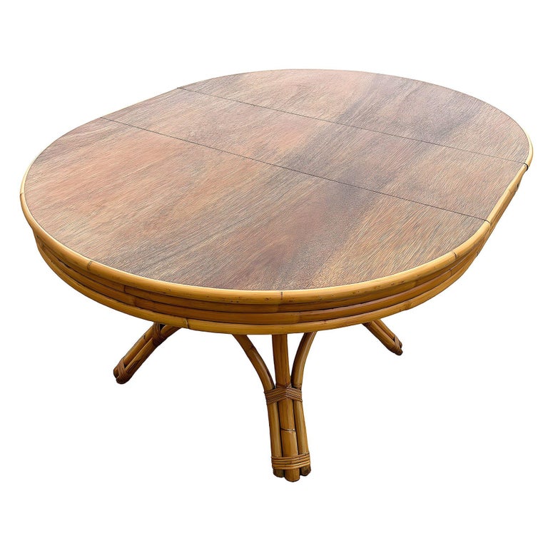 Restored Round Rattan & Mahogany Dining Table W/ Leaf