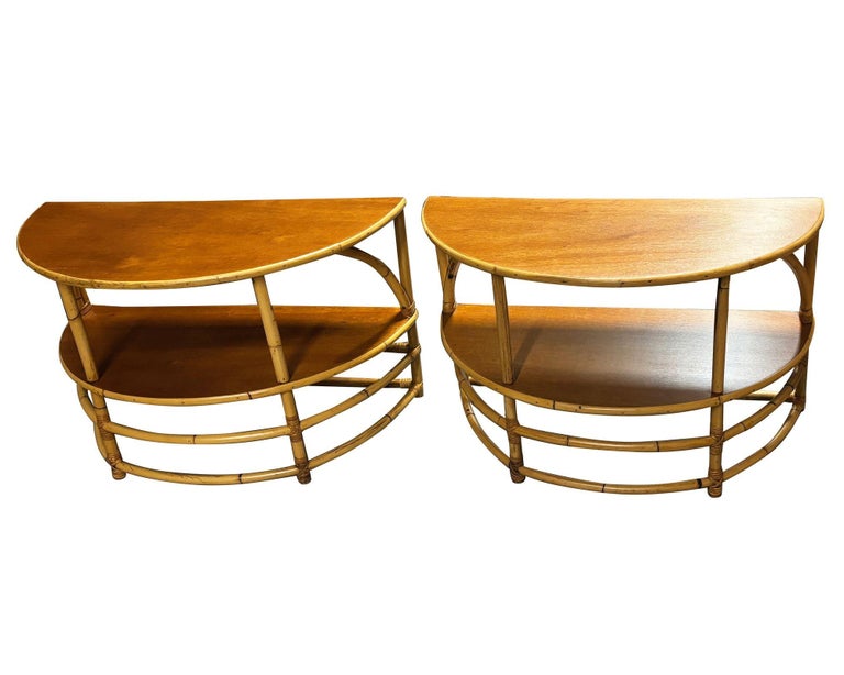 Restored Rattan & Mahogany Half Moon Side Table, Pair