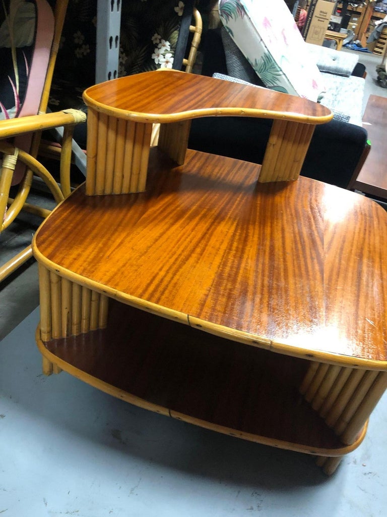 Restored Rattan 1940s Double Level Corner Table with Quatered Koa Wood Top