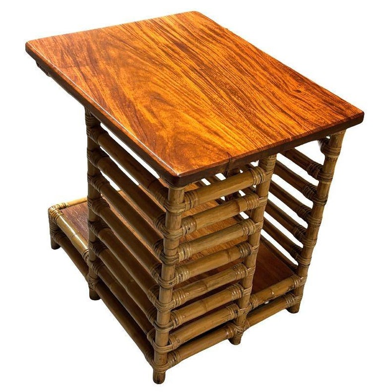 Restored Rattan "Jacob's Ladder" Storage Side Table with Mahogany Top