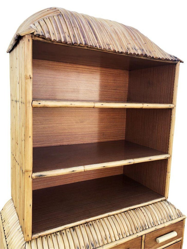 Restored Rare Art Deco Waterfall Rattan & Mahogany Dresser/Bookcase Hutch