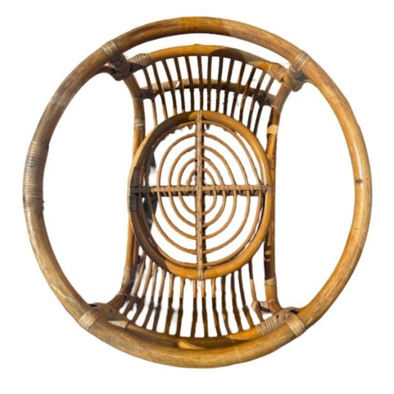 Restored Round Rattan Coffee Table with Reed Basket Base & Glass Top