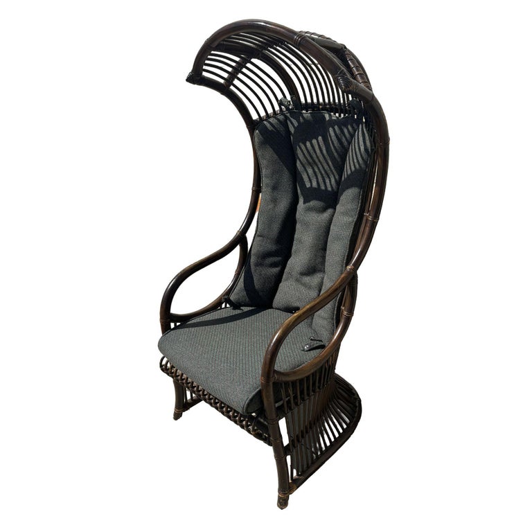 Restored Mid-Century Dark Stained Rattan Canopy Chair, Pair