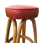 Restored arched Rattan Bar Stools w/ Studded Nailhead Red Seats, Set of 5