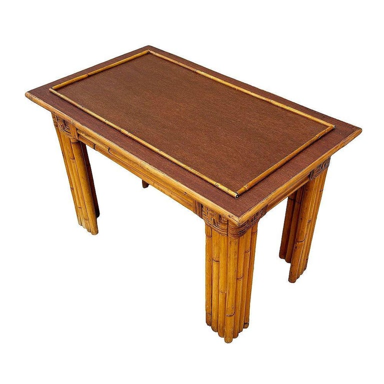Restored Vertically Stacked Rattan Console Table w/ Mahogany Top