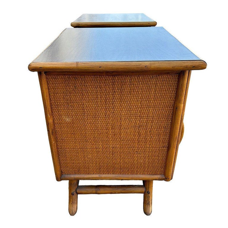 Restored James Mont Styles Rattan & Woven Wicker Bedside Table, Pair
