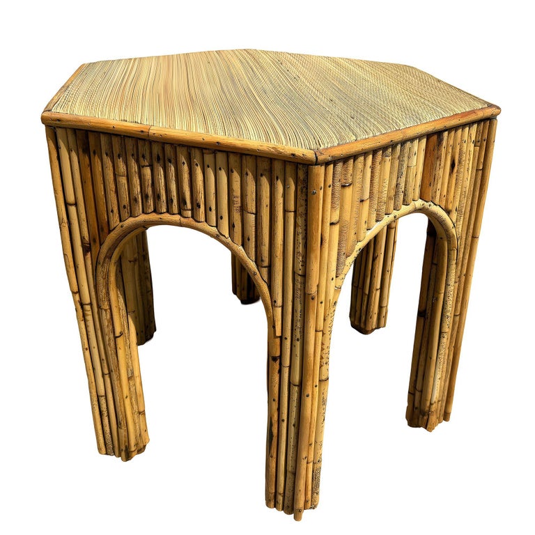 Restored Victorian Reed Stick Rattan Hexagon Arched Side Table