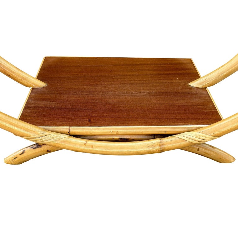 Restored Rattan Boat Shaped Coffee Table with Mahogany Shelf