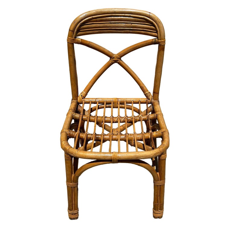 Restored Mid-century Rattan Dining Side Chairs with "X" Back