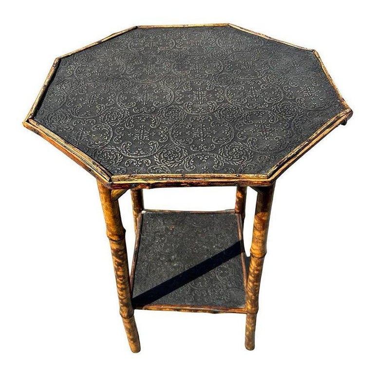 Restored Aesthetic Movement Tiger Bamboo Octagon Side Table w/ Embossed Top