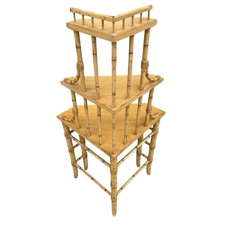 Mid-century James Mount Style 3-Tiered Blonde Bamboo Corner Shelf