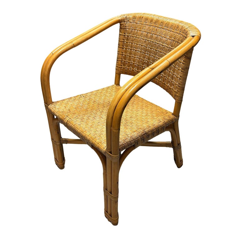 Restored Modern 2-Strand Rattan Armchair Dining Chair w/ Wicker Seat, Set of 4