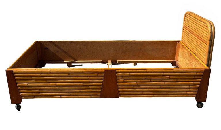 Restored Art Deco Geometric Stacked Rattan Bed and Mahogany Twin Bed Frame