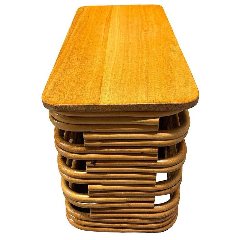 Restored Mid-century Stacked Rattan Side Drinks Table w/ Mahogany