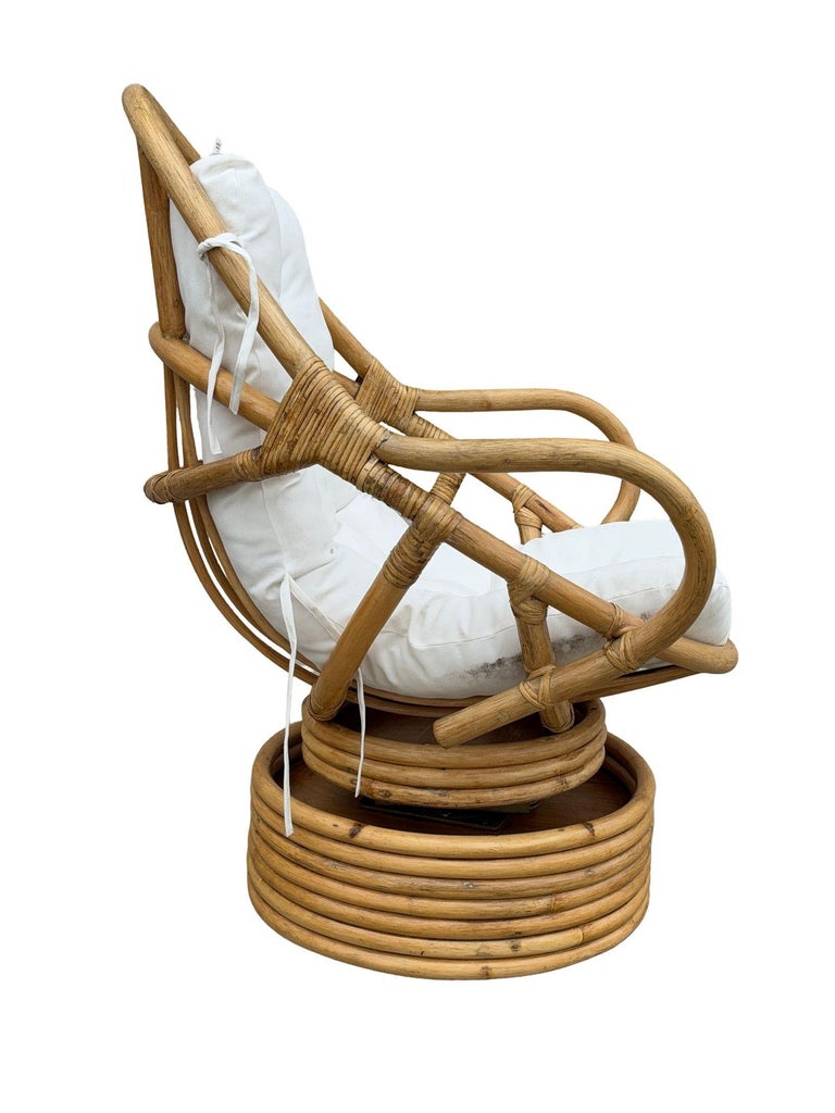 Restored Swivel Bucket Lounge Chair on Stacked Rattan Pedestal Base