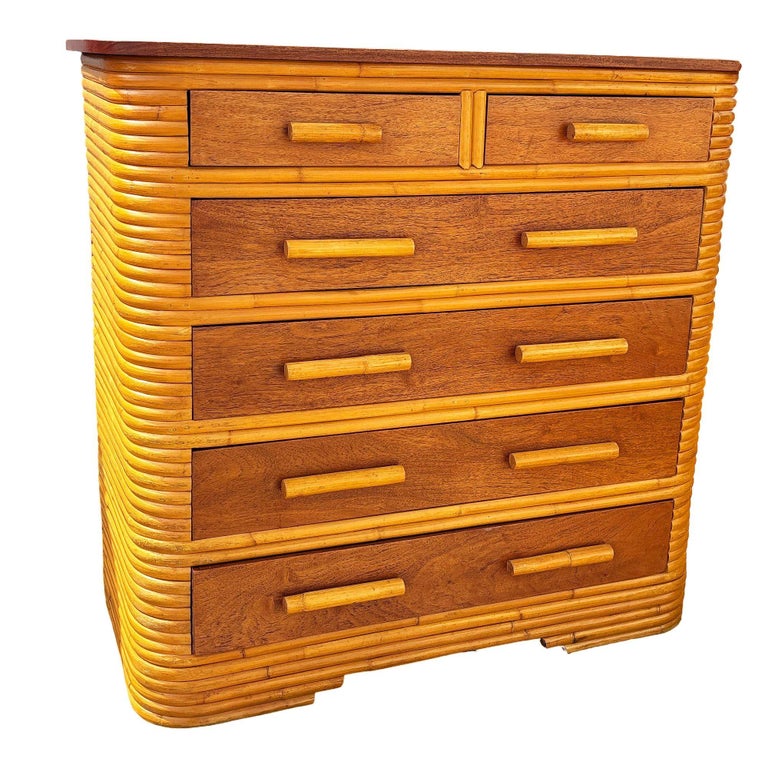 Restored Art Deco 6 Drawer Stacked Rattan Highboy Dresser w/ Mahogany Top