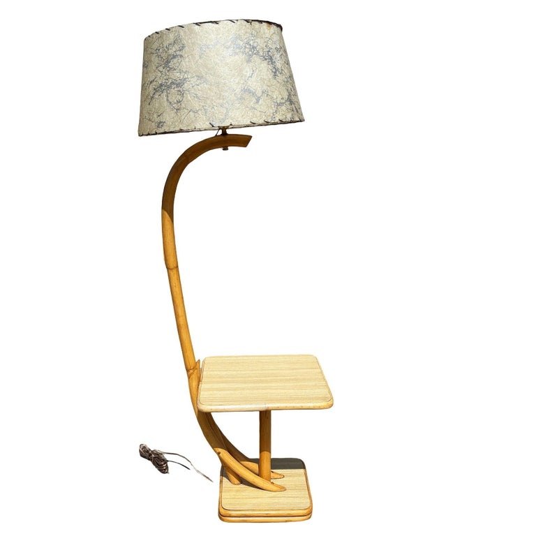 Rare Restored Two-tier Rattan Floor Lamp w/ Built-In Formica Top Side Table