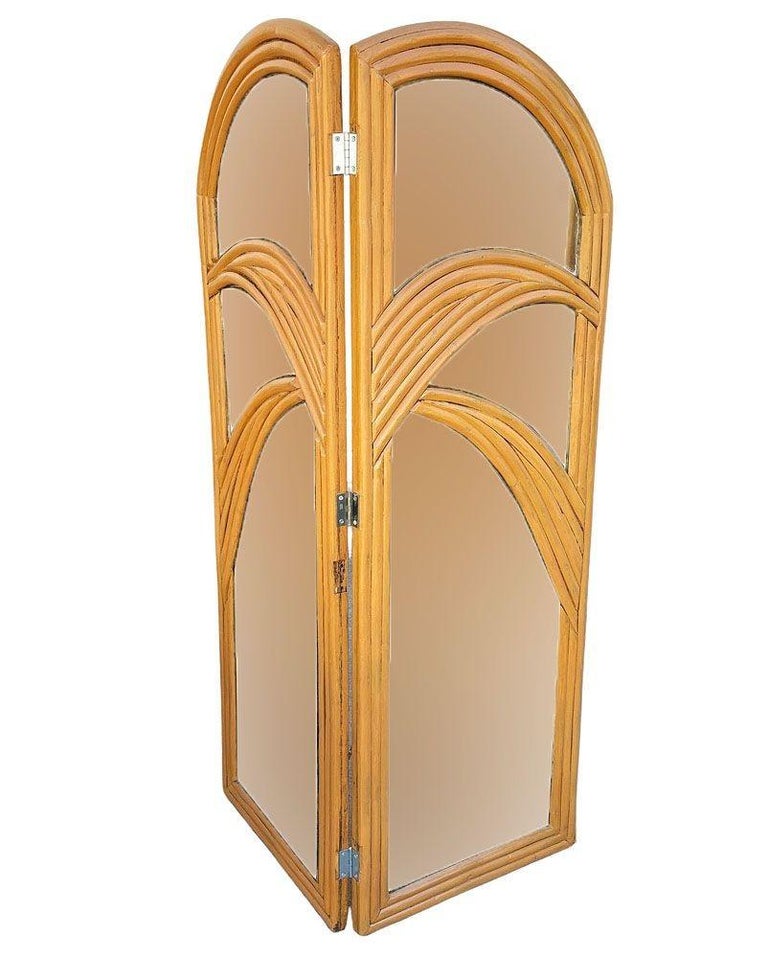 Restored Art Deco Palm Frond Design Rattan Mirror Folding Screen