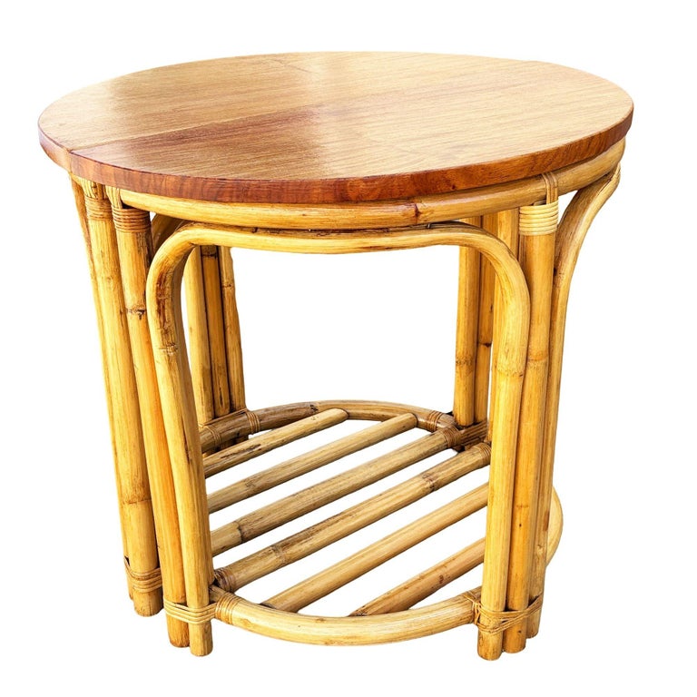 Restored Rattan and Mahogany Half Moon Side Tables with Storage Rack