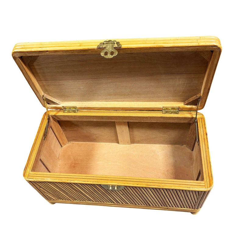 Restored Mid-century Split Reed Rattan & Pine Trunk w/ Brass Paktong Latch