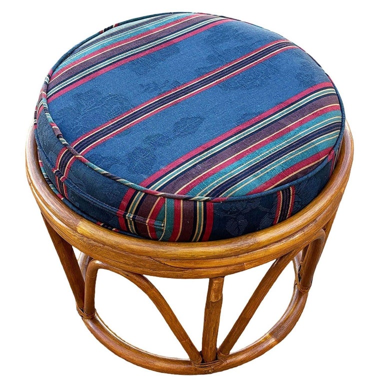 Restored Rattan Footstool with Striped Jacquard Navy Cushion
