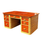 Restored Paul Frankl Style Stacked Rattan & Mahogany Executive Desk W/ Chair