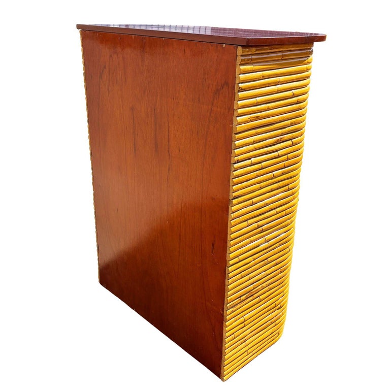Restored Paul Frankl Style Stacked Rattan & Mahogany Art Deco Highboy Dresser