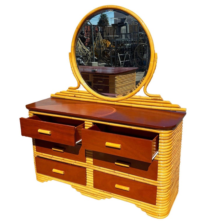 Restored Paul Frankl Style Stacked Rattan & Mahogany Lowboy Dresser w/ Mirror