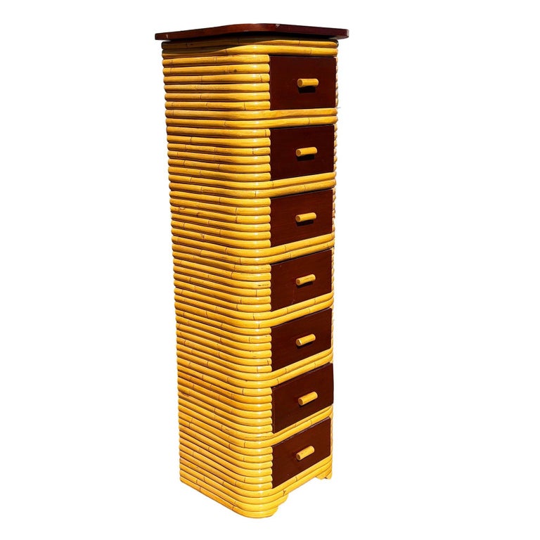 Restored Paul Frankl Style Stacked Rattan & Mahogany Petite Chest of 7 Drawers