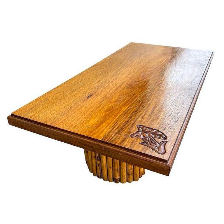 Mid-century Hand Carved Koa Wood Coffee Table w/ Stacked Rattan Legs