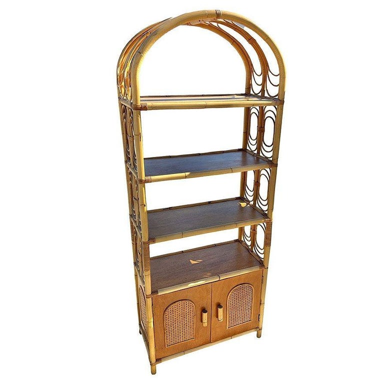 Mid-century Rattan Etagere Display Curio Cabinet w/ Mahogany Shelfs