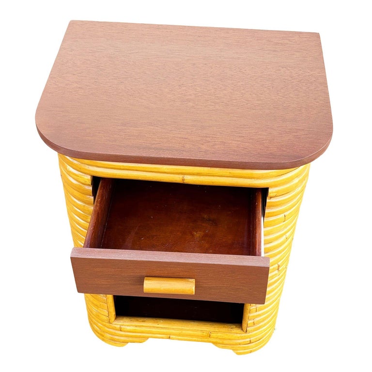 Restored Streamline Art Deco Stacked Rattan Bedside Table W/ Mahogany Top, Cubby