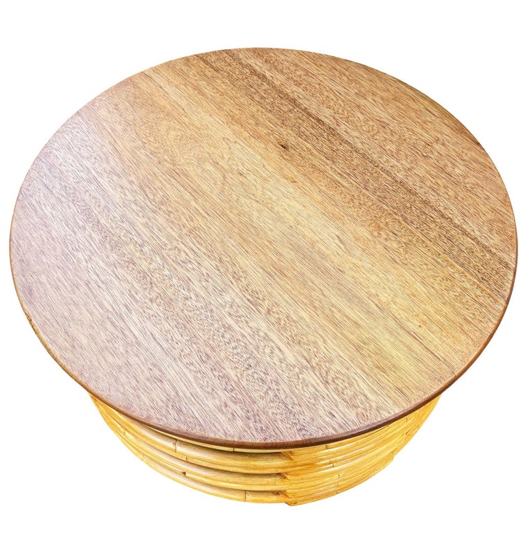 Restored Mid-century Round Architectural Rattan Coffee Table With Mahogany Top