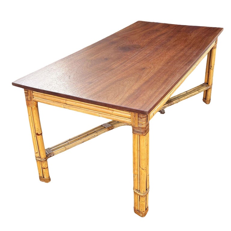 Restored Mid-century X-Pattern Coastal Rattan Dining Table w/ Mahogany Top